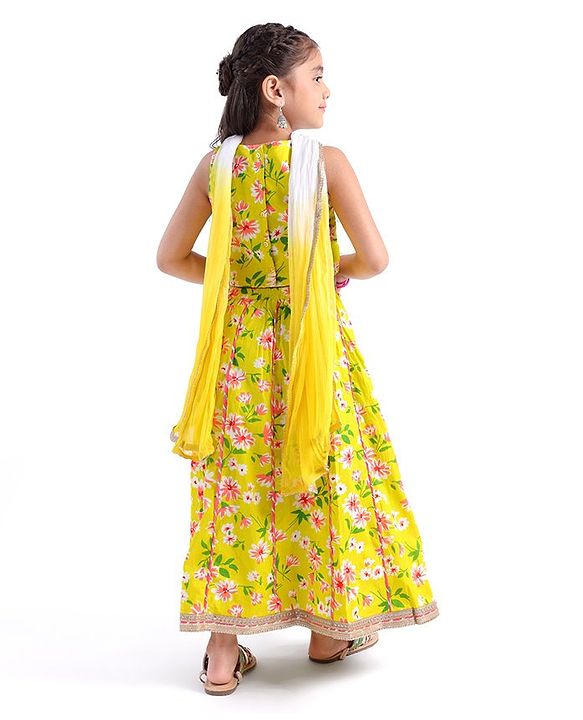Babyhug 100% Cotton Woven Sleeveless Choli Lehenga With Dupatta Floral Print - Light Green