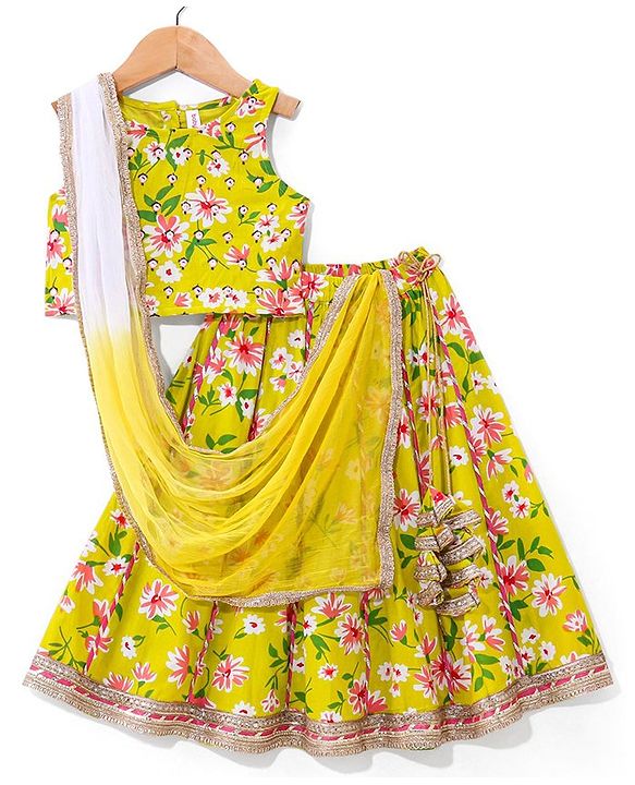 Babyhug 100% Cotton Woven Sleeveless Choli Lehenga With Dupatta Floral Print - Light Green
