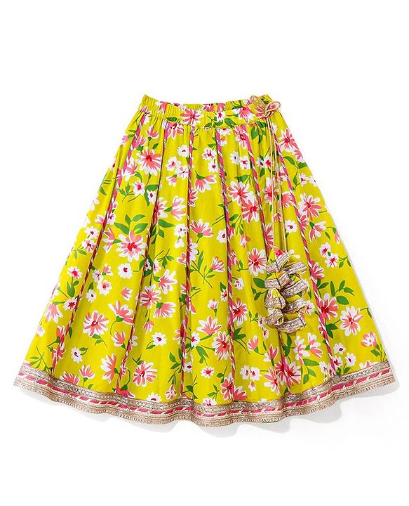 Babyhug 100% Cotton Woven Sleeveless Choli Lehenga With Dupatta Floral Print - Light Green