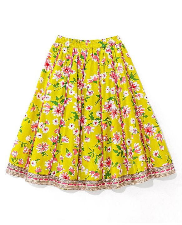 Babyhug 100% Cotton Woven Sleeveless Choli Lehenga With Dupatta Floral Print - Light Green