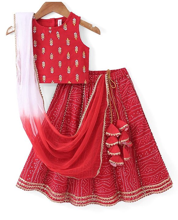 Babyhug Cotton Woven Sleeveless Embroidered Choli With Printed Lehenga & Dupatta Set - Red
