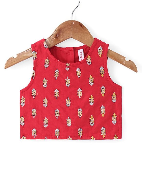 Babyhug Cotton Woven Sleeveless Embroidered Choli With Printed Lehenga & Dupatta Set - Red