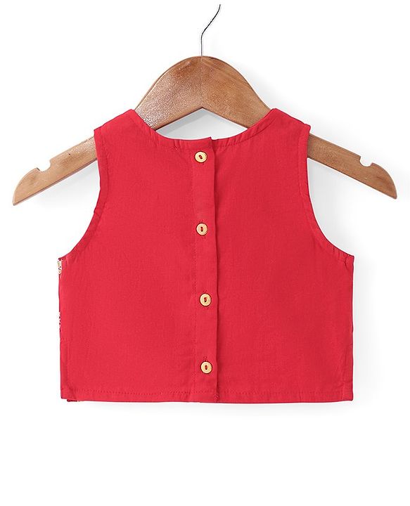 Babyhug Cotton Woven Sleeveless Embroidered Choli With Printed Lehenga & Dupatta Set - Red