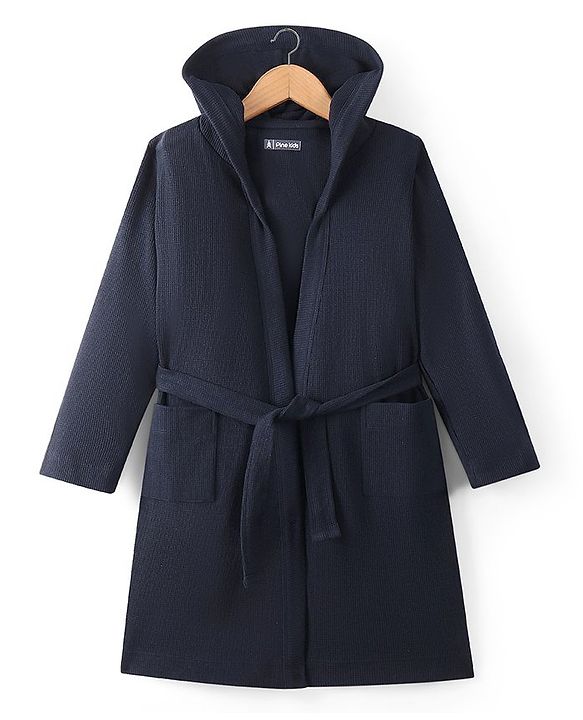 Pine Kids Cotton Full Sleeves Solid Bath Robe with Hood - Navy Blue