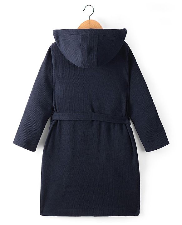 Pine Kids Cotton Full Sleeves Solid Bath Robe with Hood - Navy Blue