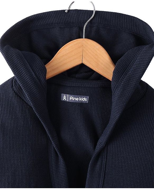 Pine Kids Cotton Full Sleeves Solid Bath Robe with Hood - Navy Blue