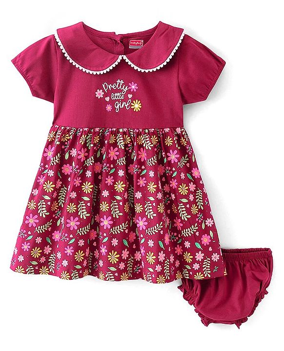 Babyhug 100% Cotton Jersey Knit Half Sleeves Frock With Bloomer Floral Print - Red