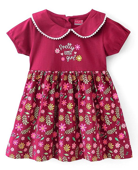 Babyhug 100% Cotton Jersey Knit Half Sleeves Frock With Bloomer Floral Print - Red