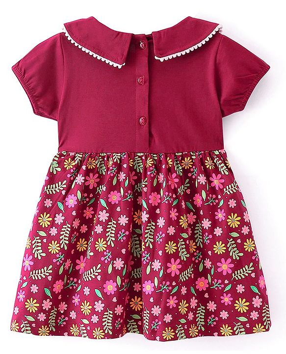 Babyhug 100% Cotton Jersey Knit Half Sleeves Frock With Bloomer Floral Print - Red