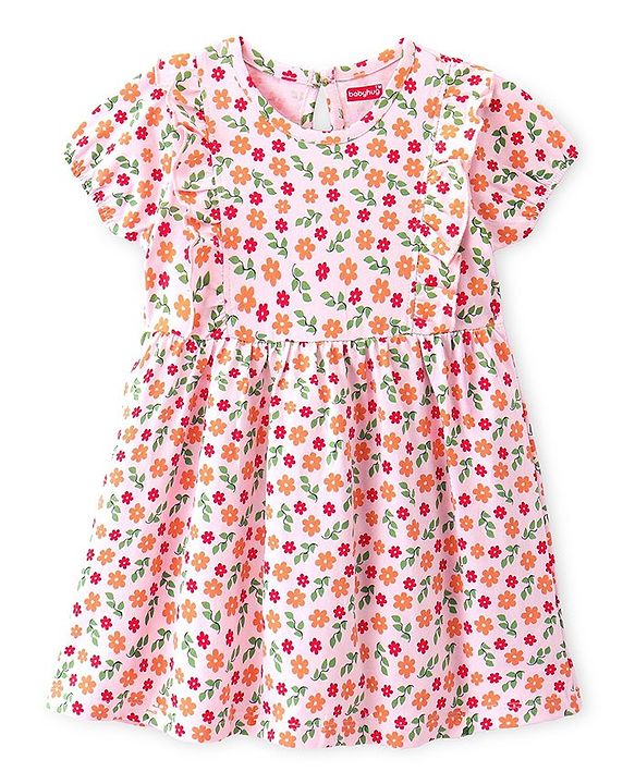 Babyhug Cotton Jersey Knit Half Sleeves  Frock with Bloomer Floral Print - White