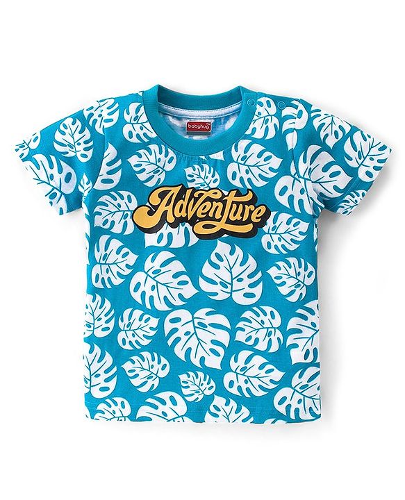 Babyhug 100% Cotton Knit Half Sleeves T-Shirt & Shorts Set Leaf Print - Blue