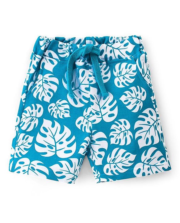 Babyhug 100% Cotton Knit Half Sleeves T-Shirt & Shorts Set Leaf Print - Blue