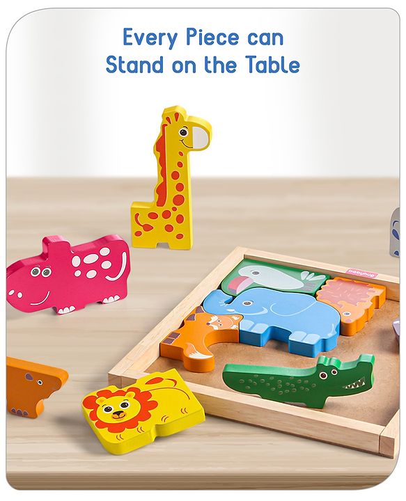 Babyhug Premium 11 Pcs Wooden Colorful Jigsaw Animal Puzzles| Montessori Pre-School Educational and Learning Toy For 2-4 Years Kids| 11 Different Animals Stacking Gifting Toy| BIS Certified