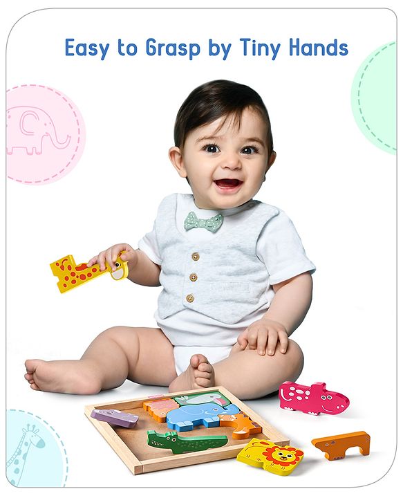 Babyhug Premium 11 Pcs Wooden Colorful Jigsaw Animal Puzzles| Montessori Pre-School Educational and Learning Toy For 2-4 Years Kids| 11 Different Animals Stacking Gifting Toy| BIS Certified