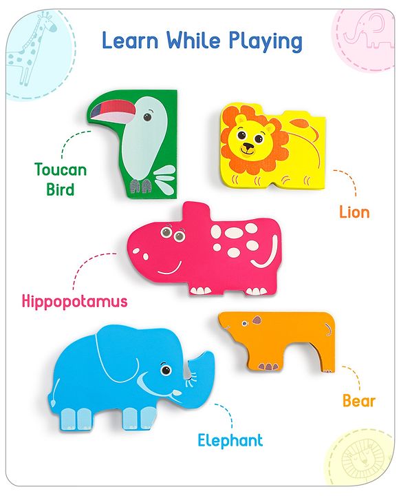 Babyhug Premium 11 Pcs Wooden Colorful Jigsaw Animal Puzzles| Montessori Pre-School Educational and Learning Toy For 2-4 Years Kids| 11 Different Animals Stacking Gifting Toy| BIS Certified