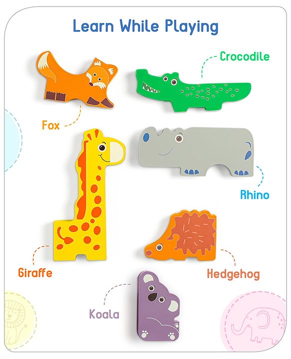 Babyhug Premium 11 Pcs Wooden Colorful Jigsaw Animal Puzzles| Montessori Pre-School Educational and Learning Toy For 2-4 Years Kids| 11 Different Animals Stacking Gifting Toy| BIS Certified