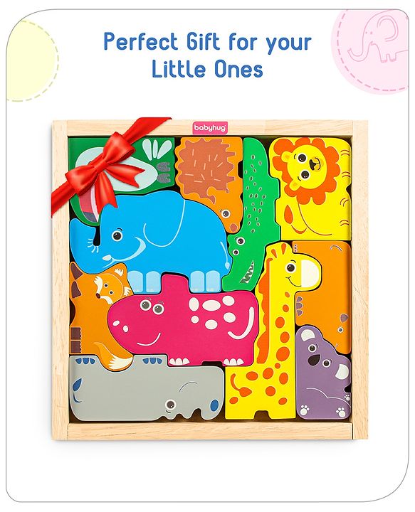 Babyhug Premium 11 Pcs Wooden Colorful Jigsaw Animal Puzzles| Montessori Pre-School Educational and Learning Toy For 2-4 Years Kids| 11 Different Animals Stacking Gifting Toy| BIS Certified