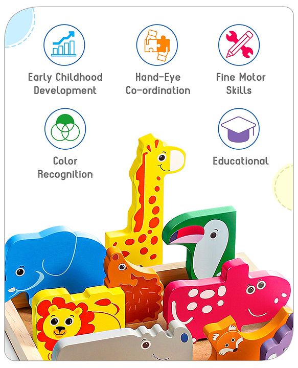 Babyhug Premium 11 Pcs Wooden Colorful Jigsaw Animal Puzzles| Montessori Pre-School Educational and Learning Toy For 2-4 Years Kids| 11 Different Animals Stacking Gifting Toy| BIS Certified