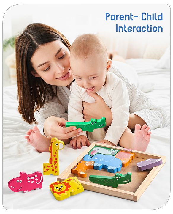 Babyhug Premium 11 Pcs Wooden Colorful Jigsaw Animal Puzzles| Montessori Pre-School Educational and Learning Toy For 2-4 Years Kids| 11 Different Animals Stacking Gifting Toy| BIS Certified
