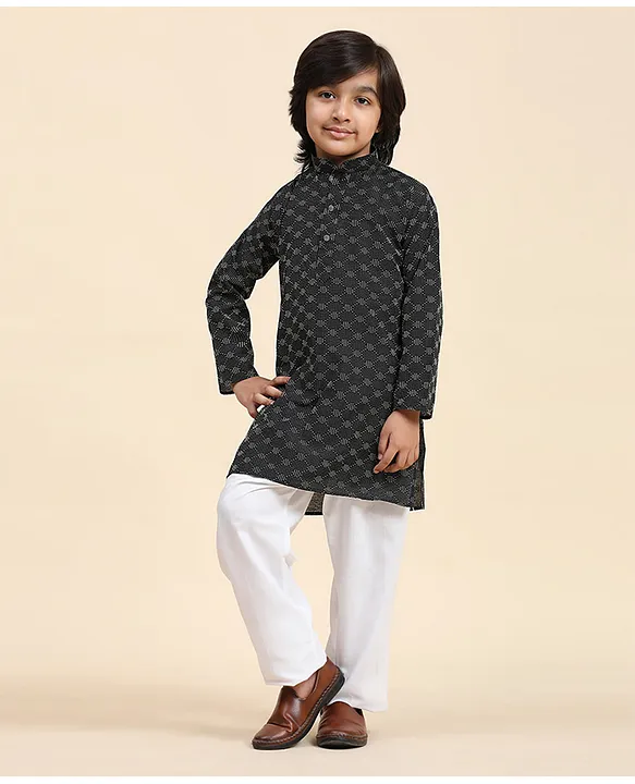 P MARK Full Sleeves Thread Work Cotton Kurta Pajama Set Black