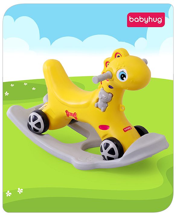 Babyhug Premium Bronco 3 in 1 Rocking Dino cum Ride on- Yellow| Baby Rocking Horse Ride on Toy for Kids| Push Ride on Toy for Kids 9 Months+| Develop Fine Motor Skills| BIS Certified