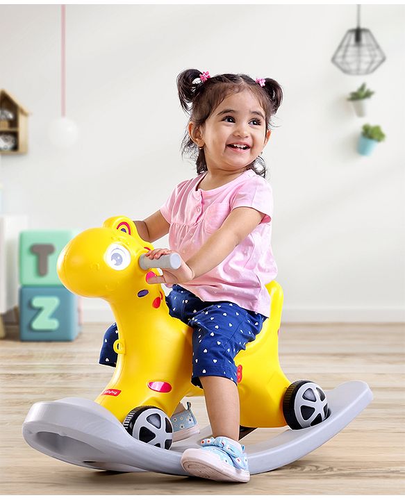 Babyhug Premium Bronco 3 in 1 Rocking Dino cum Ride on- Yellow| Baby Rocking Horse Ride on Toy for Kids| Push Ride on Toy for Kids 9 Months+| Develop Fine Motor Skills| BIS Certified