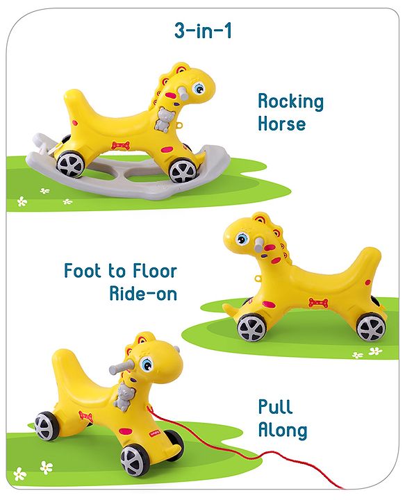 Babyhug Premium Bronco 3 in 1 Rocking Dino cum Ride on- Yellow| Baby Rocking Horse Ride on Toy for Kids| Push Ride on Toy for Kids 9 Months+| Develop Fine Motor Skills| BIS Certified