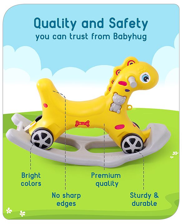 Babyhug Premium Bronco 3 in 1 Rocking Dino cum Ride on- Yellow| Baby Rocking Horse Ride on Toy for Kids| Push Ride on Toy for Kids 9 Months+| Develop Fine Motor Skills| BIS Certified