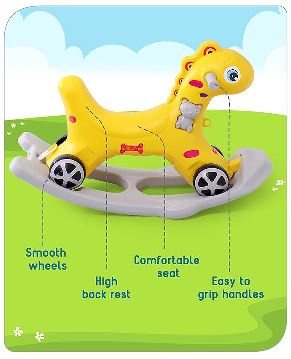 Babyhug Premium Bronco 3 in 1 Rocking Dino cum Ride on- Yellow| Baby Rocking Horse Ride on Toy for Kids| Push Ride on Toy for Kids 9 Months+| Develop Fine Motor Skills| BIS Certified