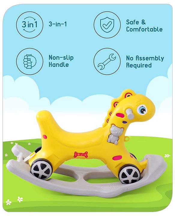 Babyhug Premium Bronco 3 in 1 Rocking Dino cum Ride on- Yellow| Baby Rocking Horse Ride on Toy for Kids| Push Ride on Toy for Kids 9 Months+| Develop Fine Motor Skills| BIS Certified