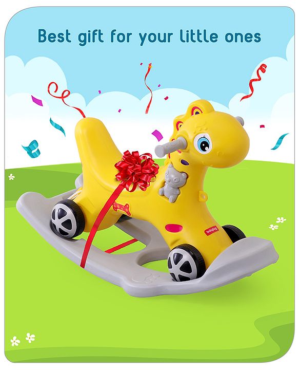 Babyhug Premium Bronco 3 in 1 Rocking Dino cum Ride on- Yellow| Baby Rocking Horse Ride on Toy for Kids| Push Ride on Toy for Kids 9 Months+| Develop Fine Motor Skills| BIS Certified