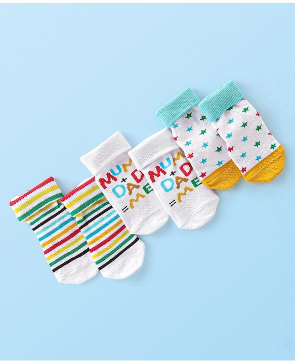 Cute Walk by Babyhug Non Terry Anti Bacterial Anti Skid Ankle Length Socks Striped & Star Design Pack Of 3- Multicolor