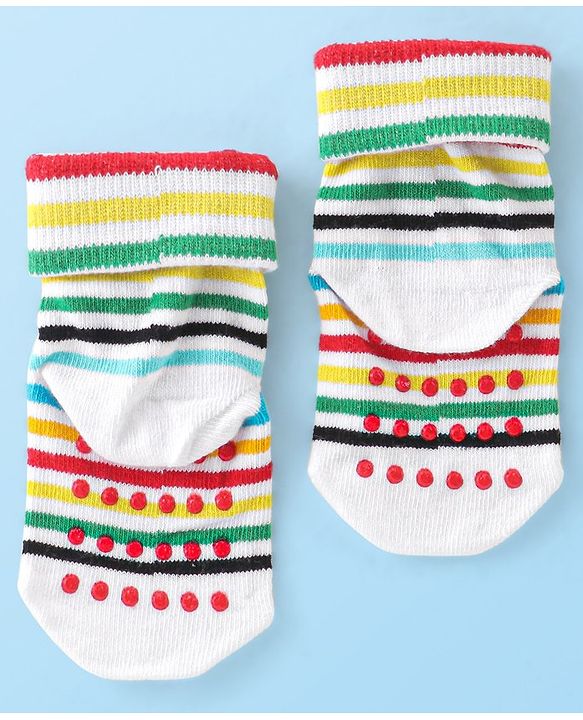 Cute Walk by Babyhug Non Terry Anti Bacterial Anti Skid Ankle Length Socks Striped & Star Design Pack Of 3- Multicolor