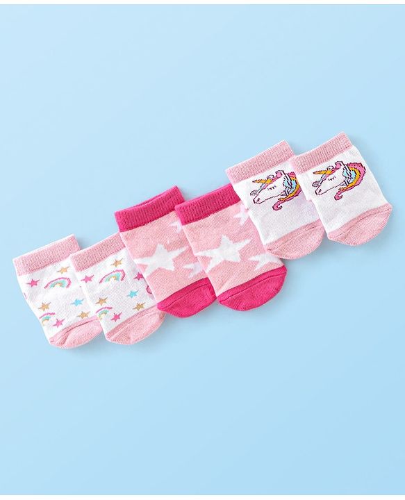 Cute Walk by Babyhug Non Terry Anti Bacterial Anti Skid Ankle Length Socks Star & Unicorn Design Pack Of 3- Multicolor