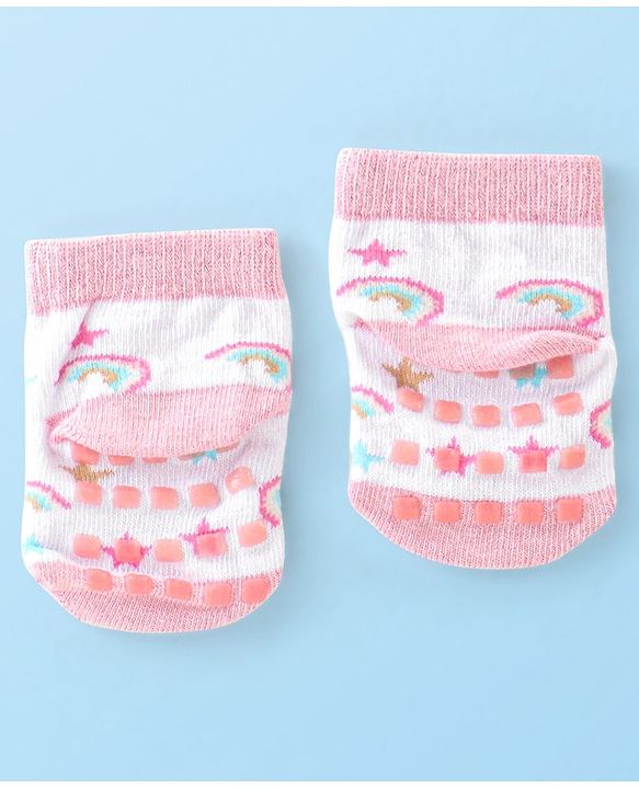 Cute Walk by Babyhug Non Terry Anti Bacterial Anti Skid Ankle Length Socks Star & Unicorn Design Pack Of 3- Multicolor