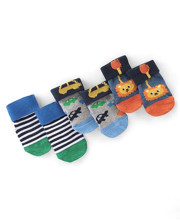 Cute Walk by Babyhug Non Terry Anti Bacterial Anti Skid Ankle Length Socks Star & Lion Design Pack Of 3 - Multicolor