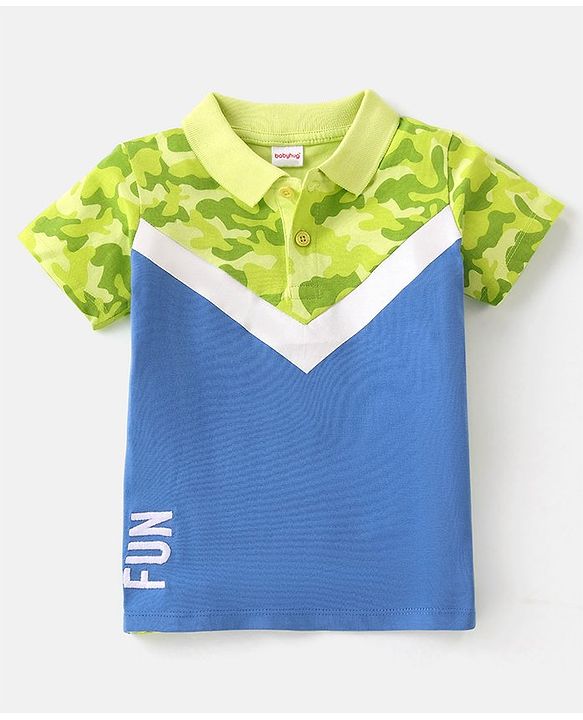 Babyhug Cotton Knit Half Sleeves Camo Printed with Text Embroidery Polo T-Shirt - Blue & Lime Green