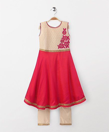 Babyhug Sleeveless Floral Embroidered Kurti & Churidar Set - Pink Beige