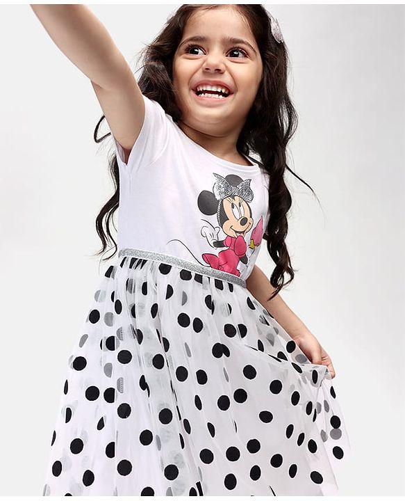 Babyhug Disney 100% Cotton Knit Half Sleeves Frock Mesh Flock Print & Minnie Mouse Graphics - White