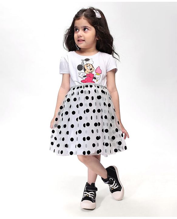 Babyhug Disney 100% Cotton Knit Half Sleeves Frock Mesh Flock Print & Minnie Mouse Graphics - White