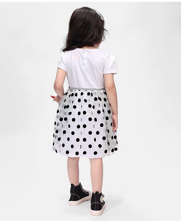 Babyhug Disney 100% Cotton Knit Half Sleeves Frock Mesh Flock Print & Minnie Mouse Graphics - White