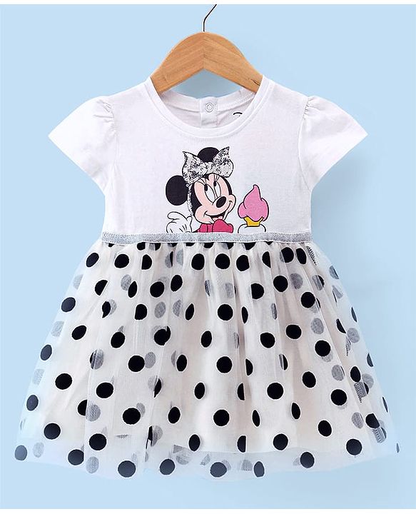 Babyhug Disney 100% Cotton Knit Half Sleeves Frock Mesh Flock Print & Minnie Mouse Graphics - White