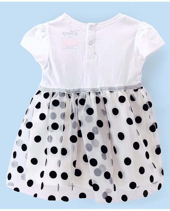 Babyhug Disney 100% Cotton Knit Half Sleeves Frock Mesh Flock Print & Minnie Mouse Graphics - White