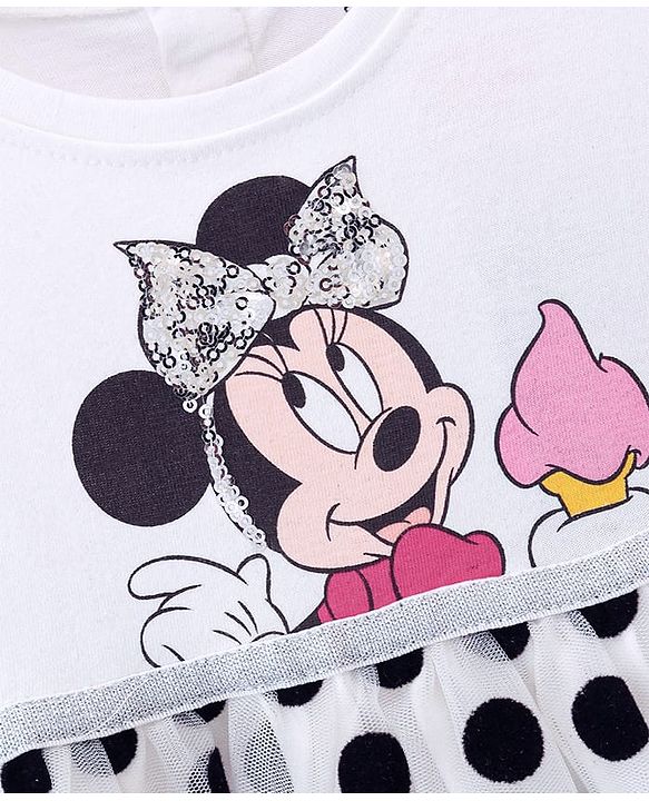 Babyhug Disney 100% Cotton Knit Half Sleeves Frock Mesh Flock Print & Minnie Mouse Graphics - White