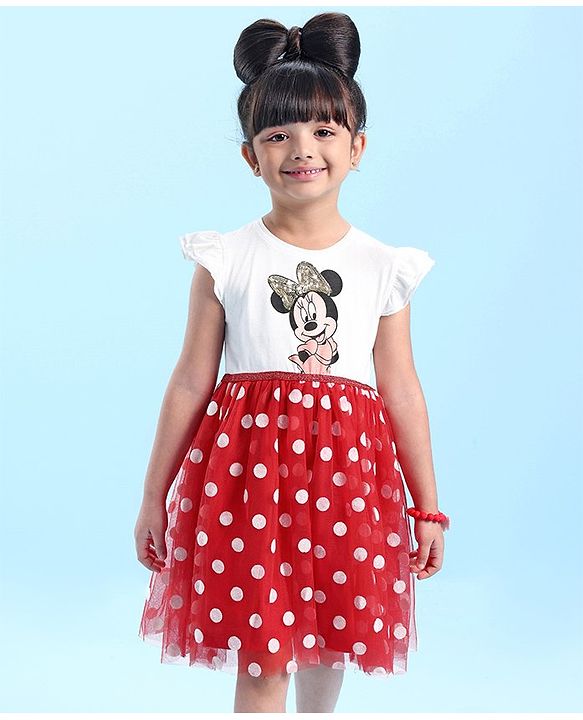 Babyhug Disney  Sleeves Frock with Mesh &  Frill Detailing  Minnie Mouse Graphics - White