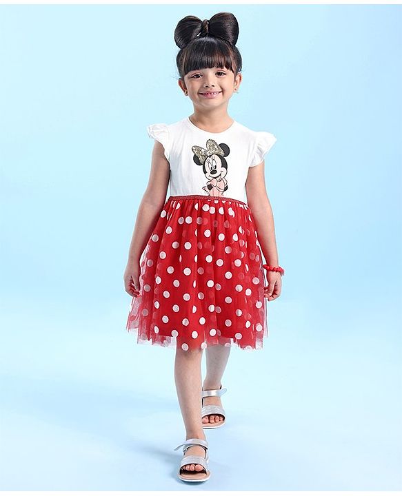 Babyhug Disney  Sleeves Frock with Mesh &  Frill Detailing  Minnie Mouse Graphics - White