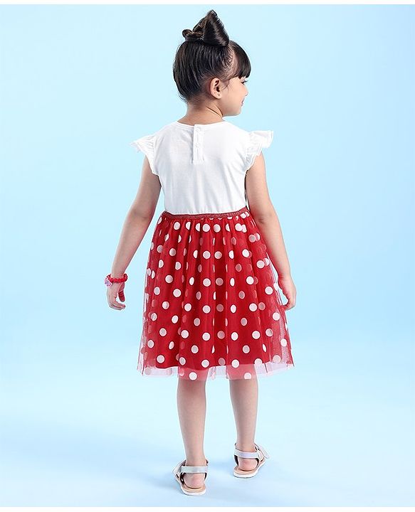 Babyhug Disney  Sleeves Frock with Mesh &  Frill Detailing  Minnie Mouse Graphics - White