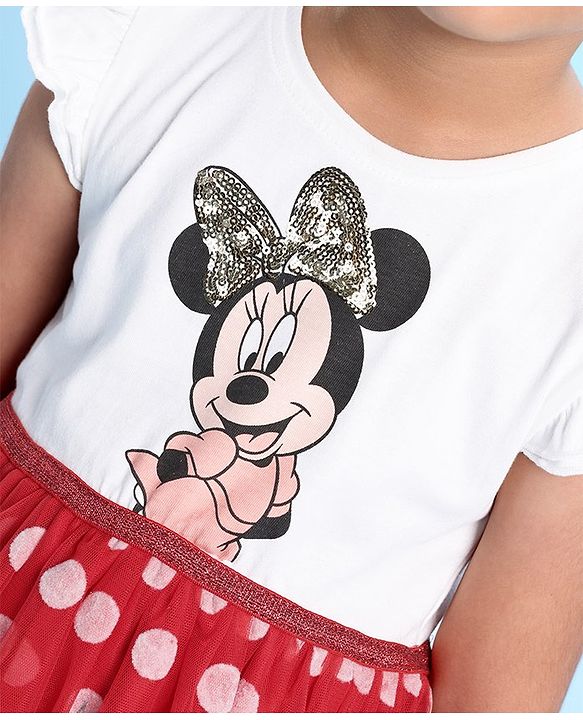 Babyhug Disney  Sleeves Frock with Mesh &  Frill Detailing  Minnie Mouse Graphics - White