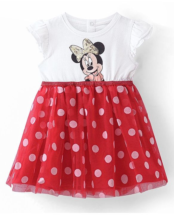 Babyhug Disney  Sleeves Frock with Mesh &  Frill Detailing  Minnie Mouse Graphics - White