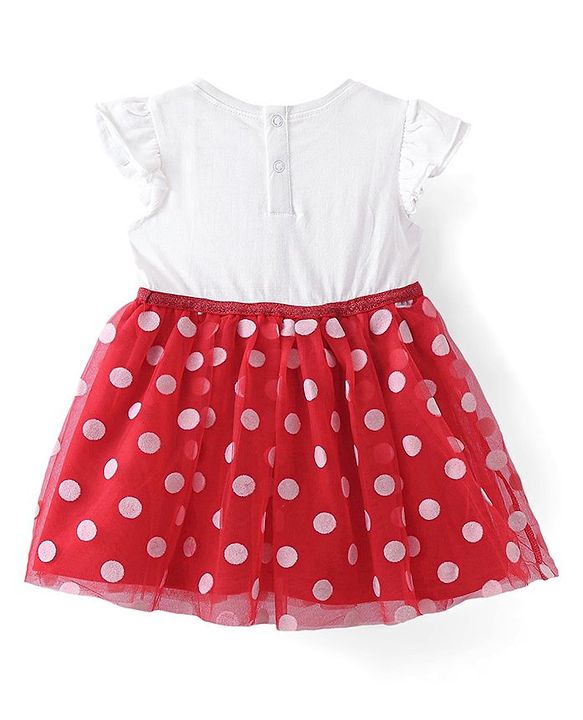 Babyhug Disney  Sleeves Frock with Mesh &  Frill Detailing  Minnie Mouse Graphics - White